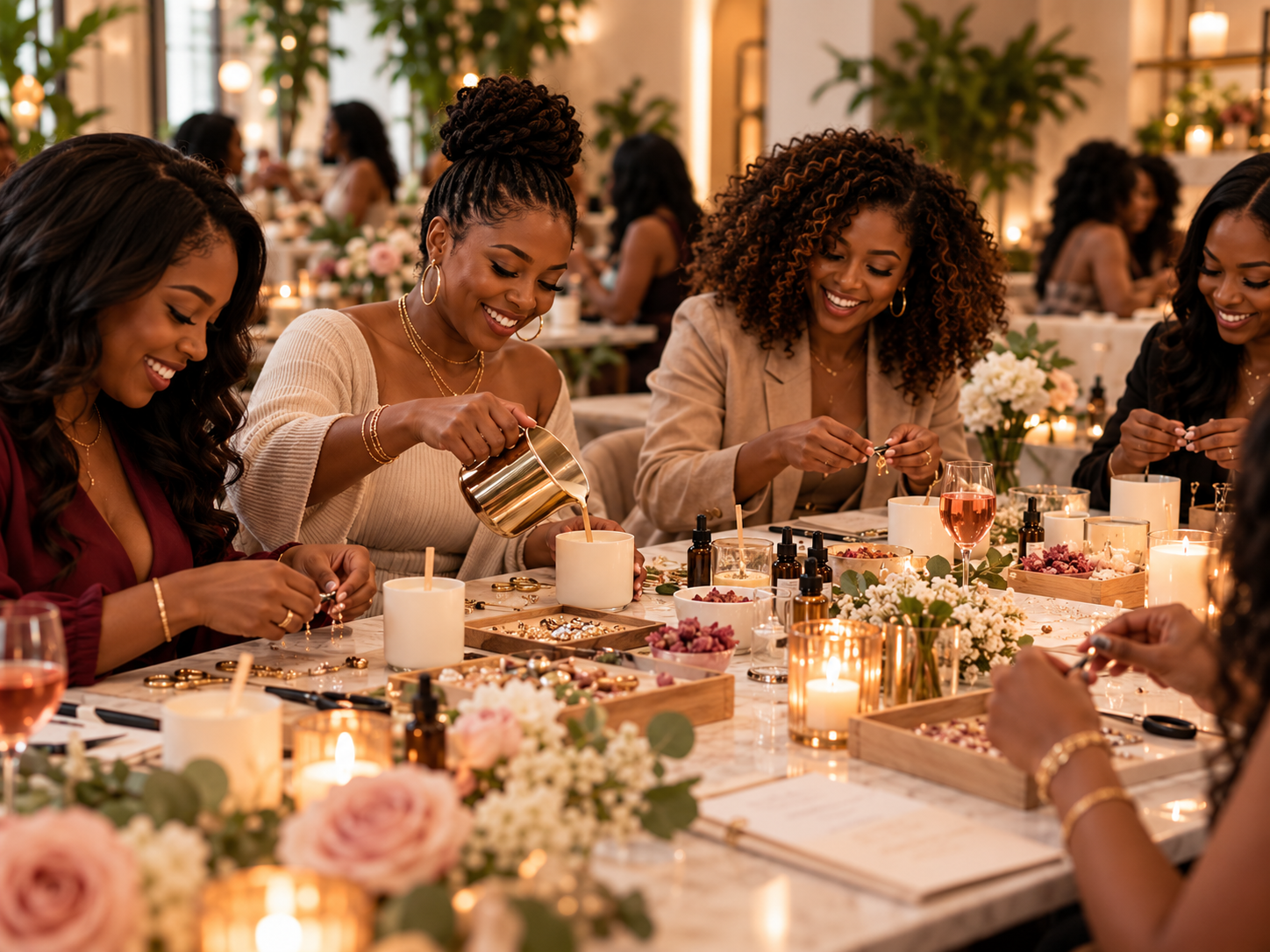 Women making jewelry and candles at a creative workshop